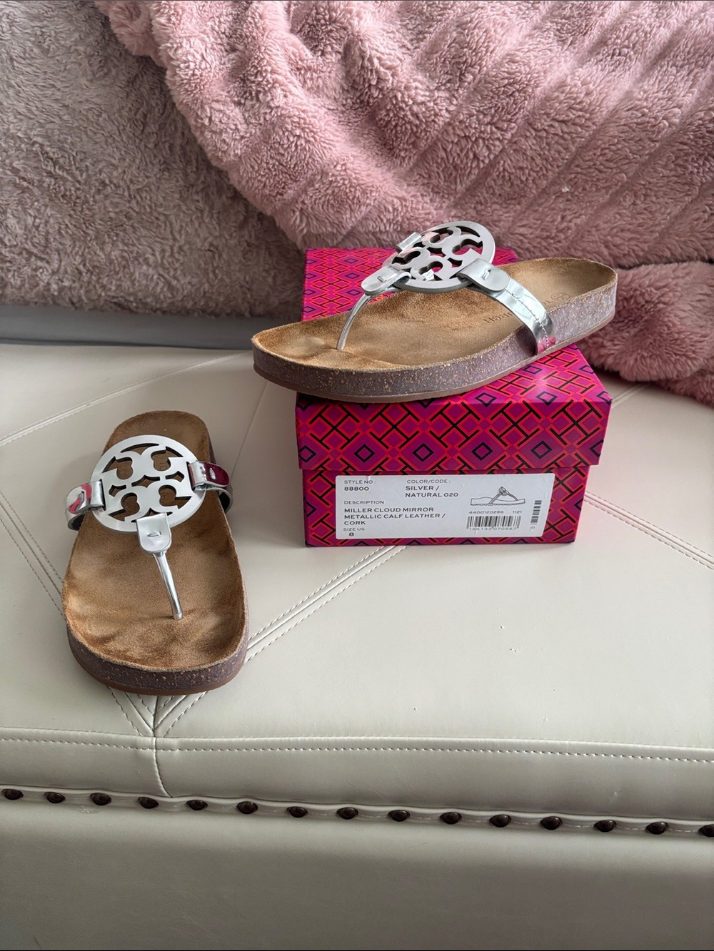 Tory Burch Miller Cloud Mirror Silver Calf Leather Logo Thong Sandals